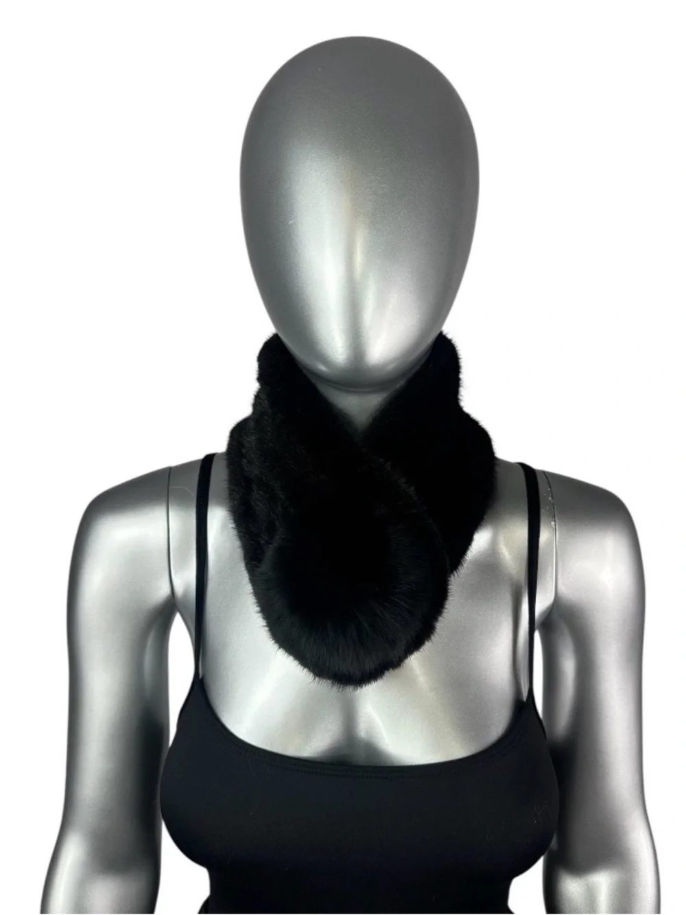 RANCH MINK Knitted Scarf w/Black FOX Pompom, 24”L, Certified Vintage Fur